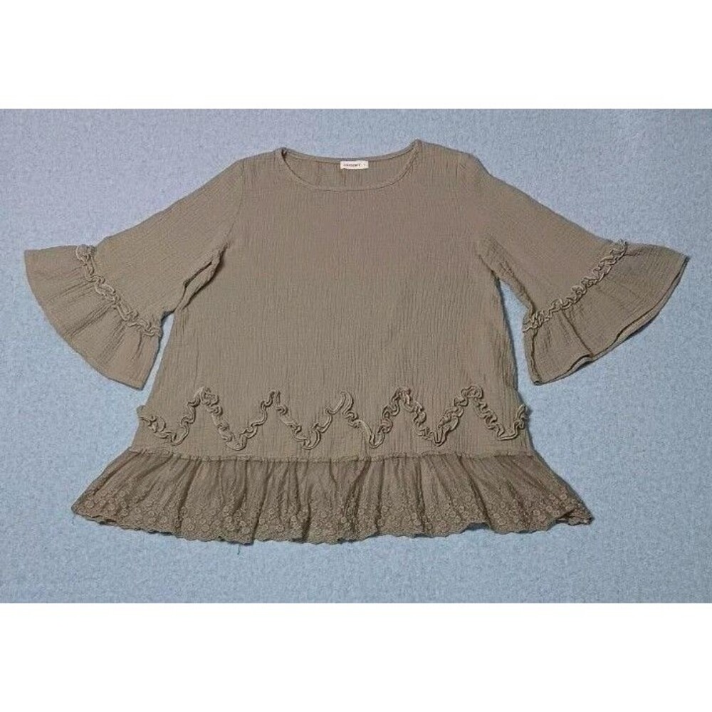 Andthewhy Lace Trim Crinkle Gauze Bell Sleeve Tunic Blouse M Tan Lagenlook Boho